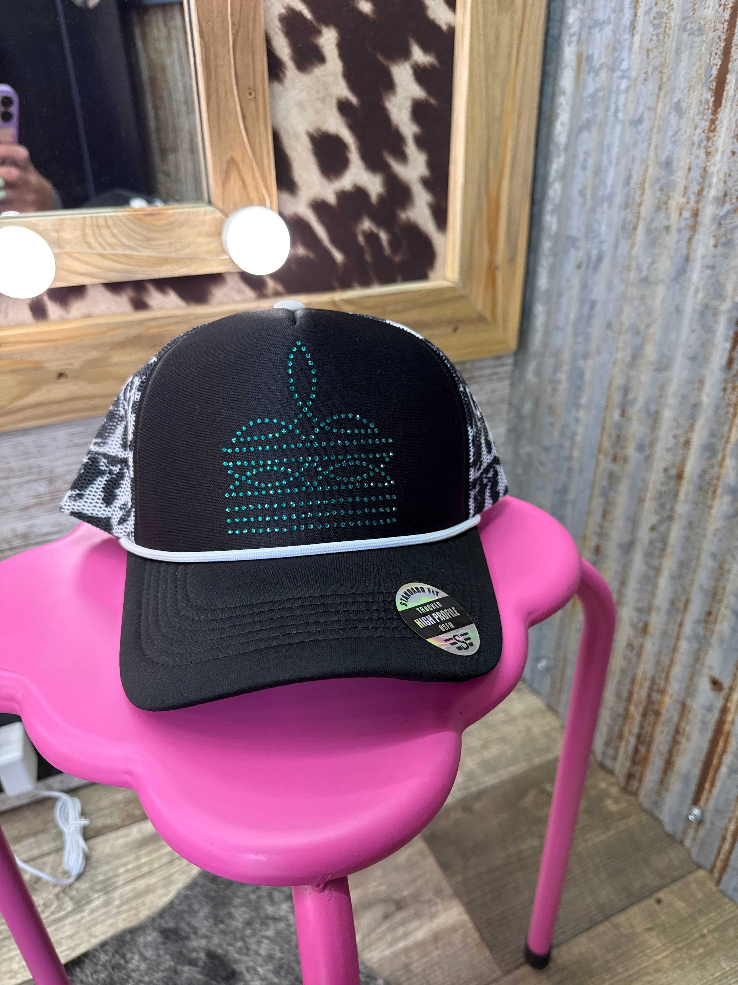 Rhinestone Boot Stitch Printed Mesh Trucker Cap