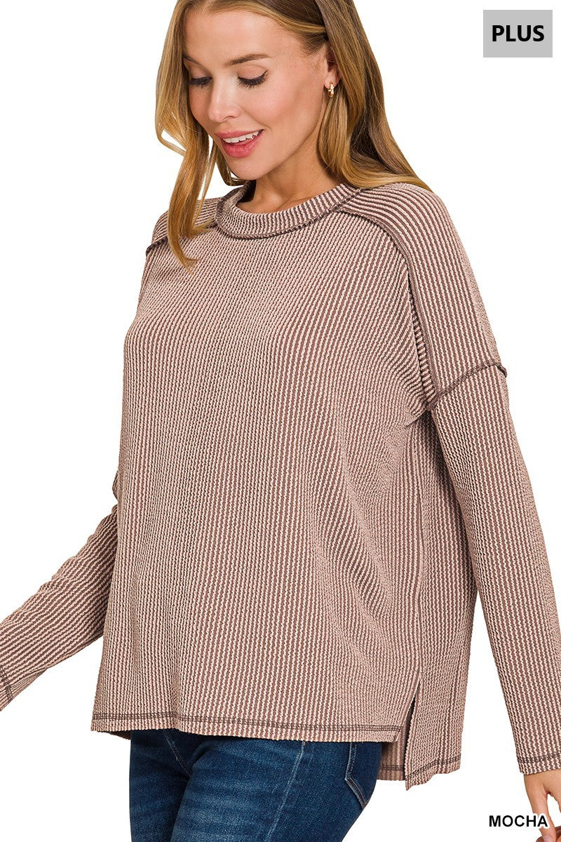 Rib Raw Edge Boat Neck Long Sleeve Sweater