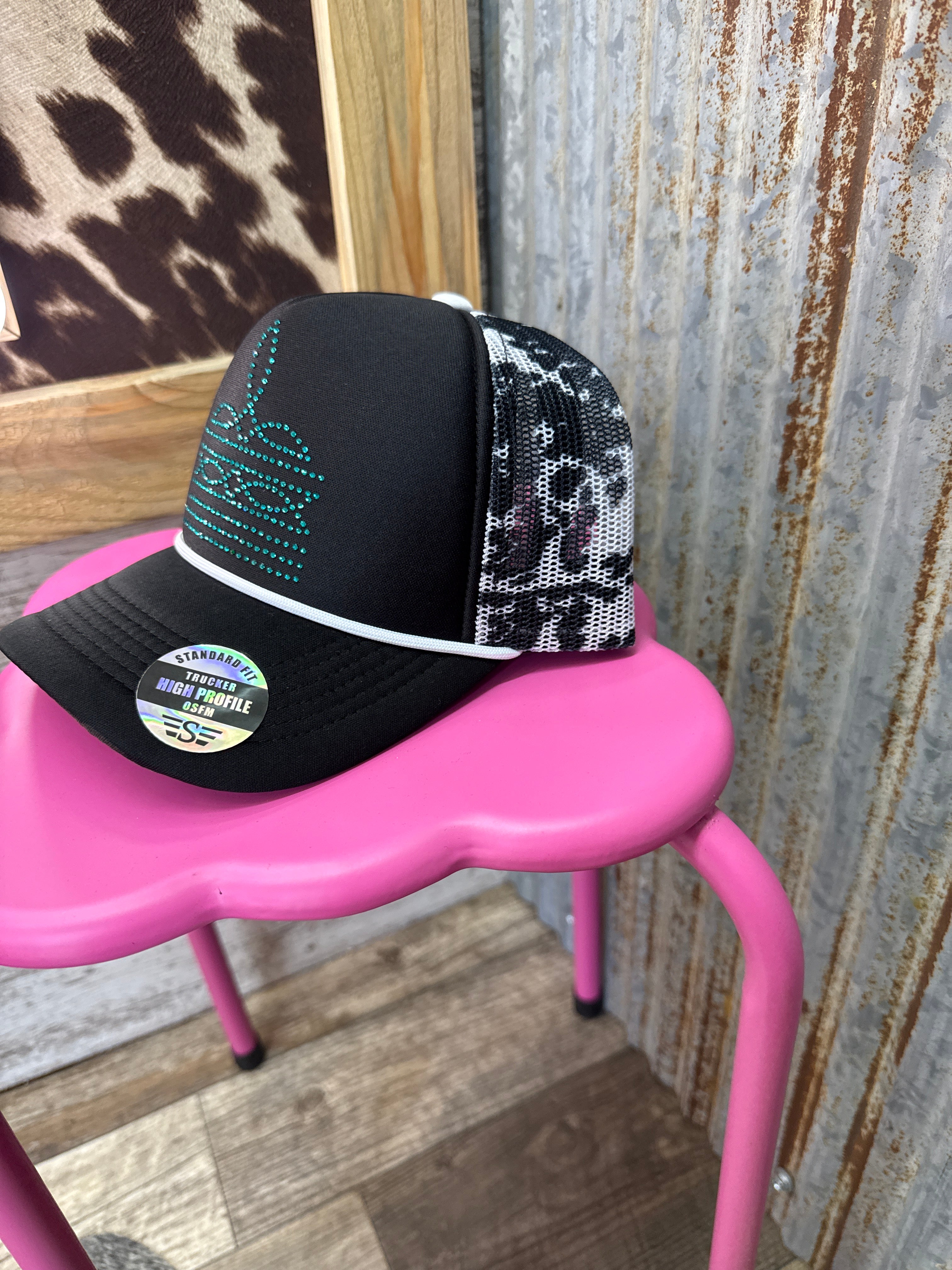 Rhinestone Boot Stitch Printed Mesh Trucker Cap