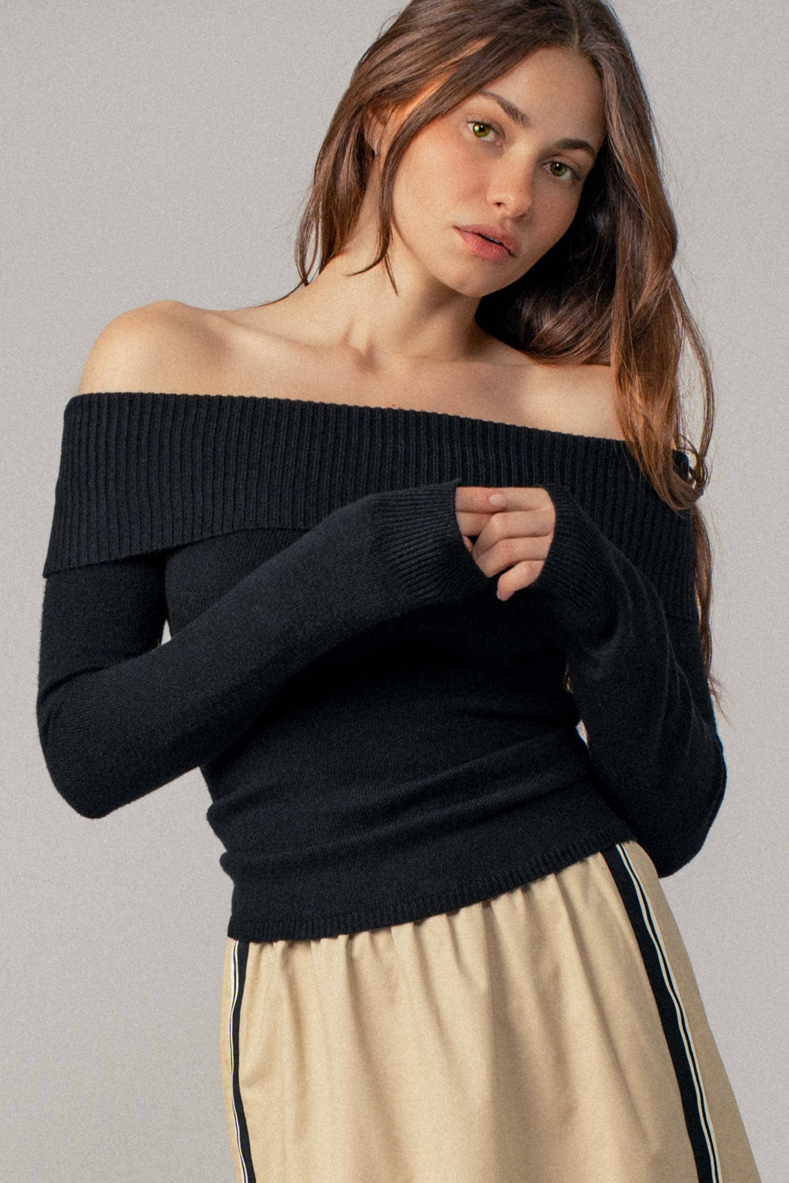 Ribbed Off-Shoulder Long Sleeve Sweater