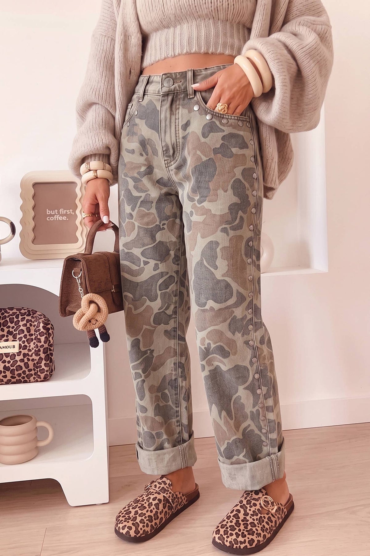 66 F/W 26 Hot Camouflage Studded Straight Loose Jeans (4-16)