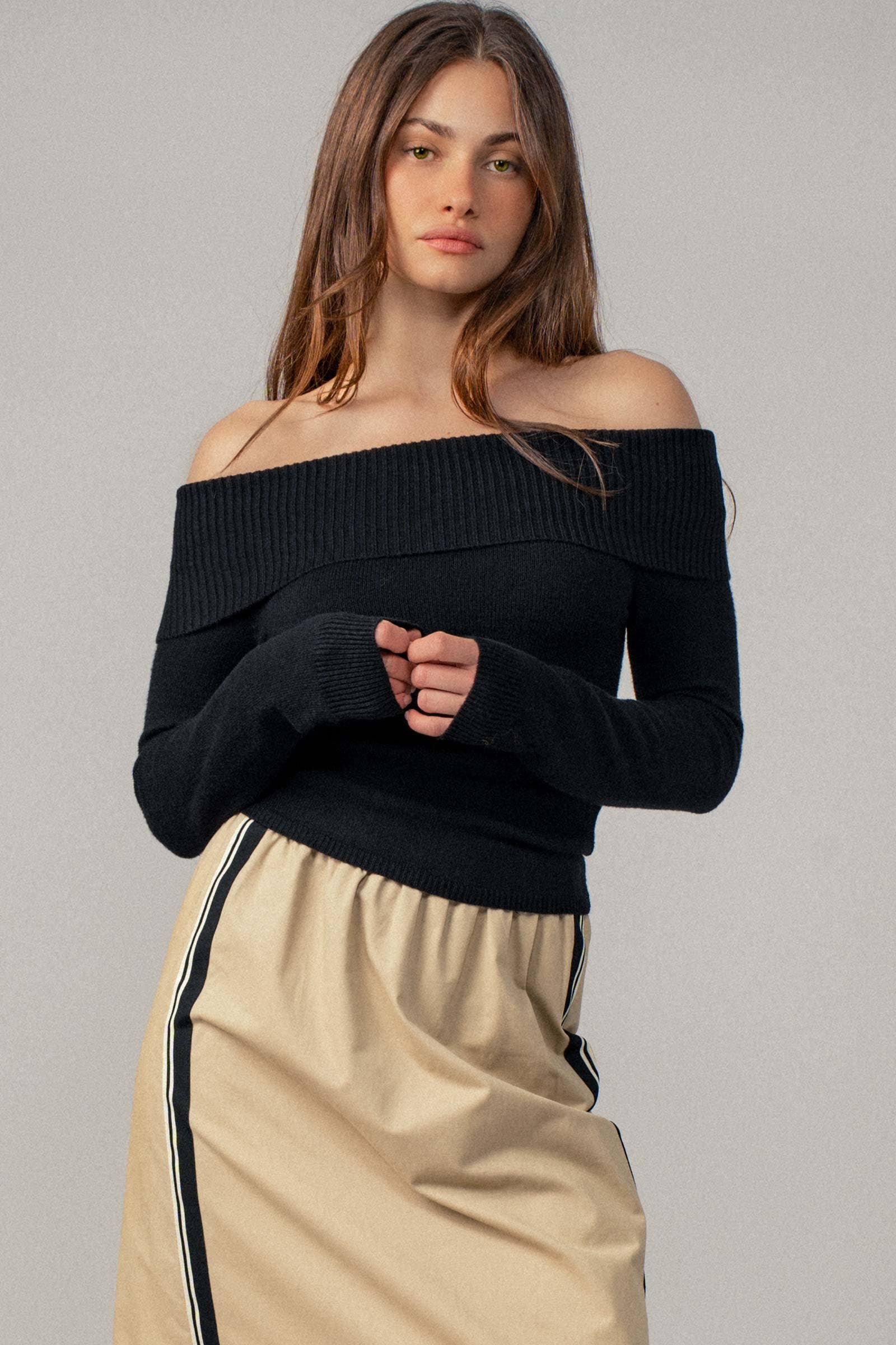 Ribbed Off-Shoulder Long Sleeve Sweater