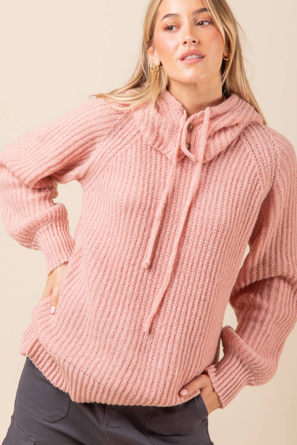 12W2946V-Oversized Balaclava Hoodie Soft Knit Sweater Top