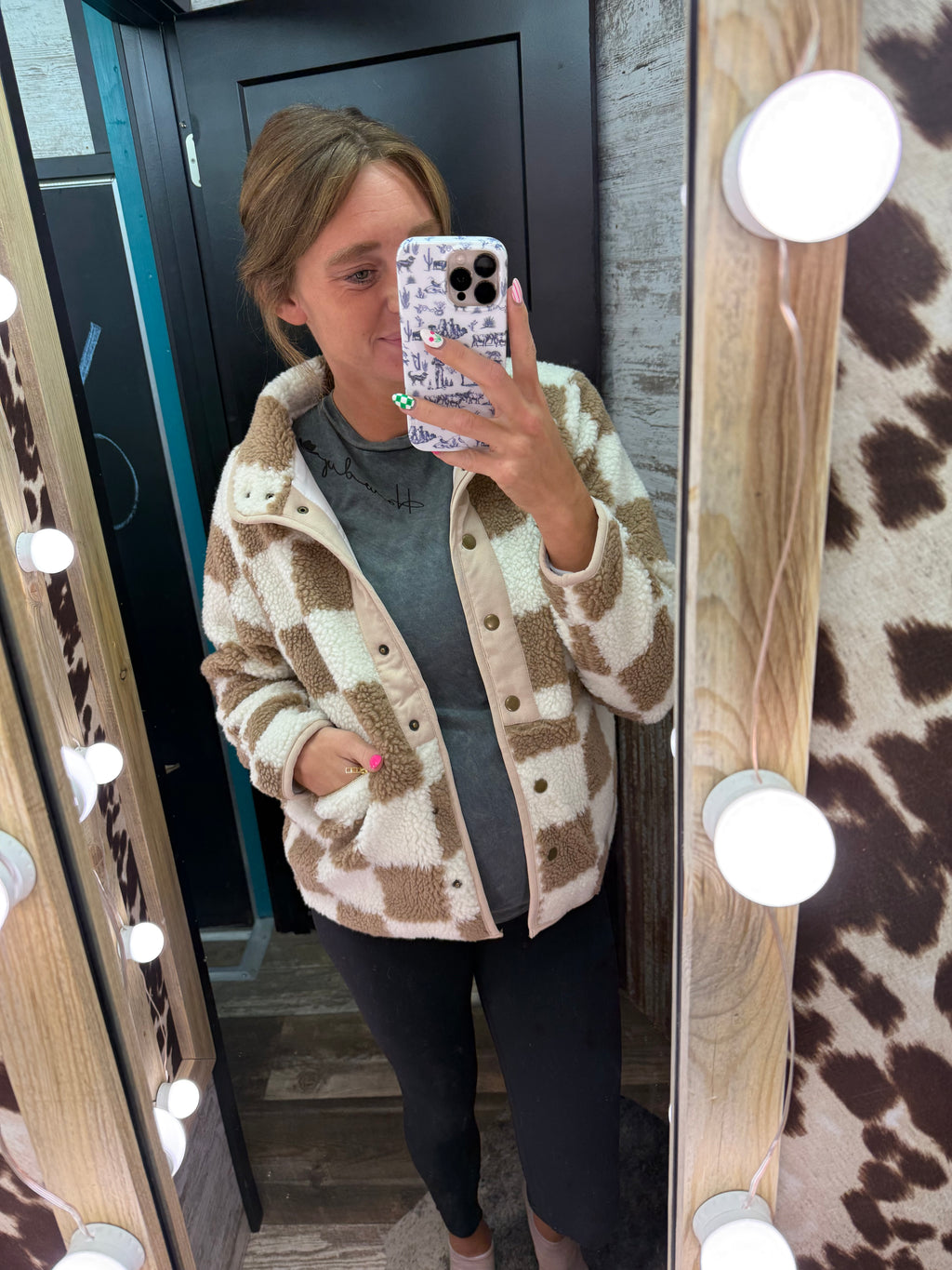 Brown Checked Snap Button Sherpa Jacket