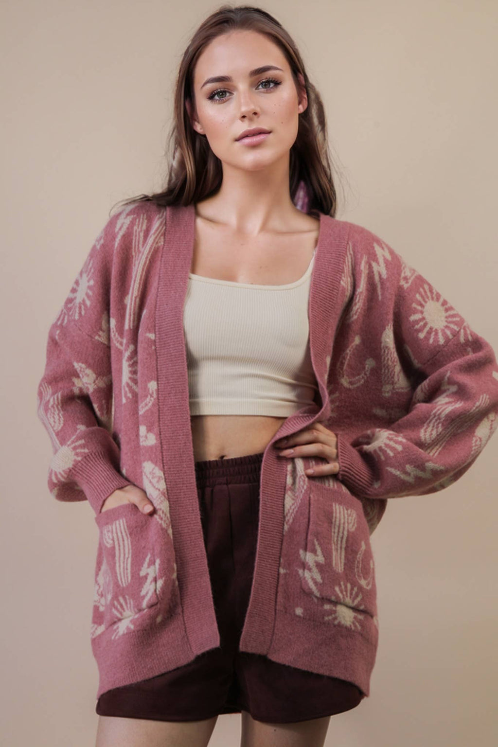 12W3393N-Oversized Western Graphic Knit Sweater Cardigan: CHOCOLATE / S-M-L/2-2-2