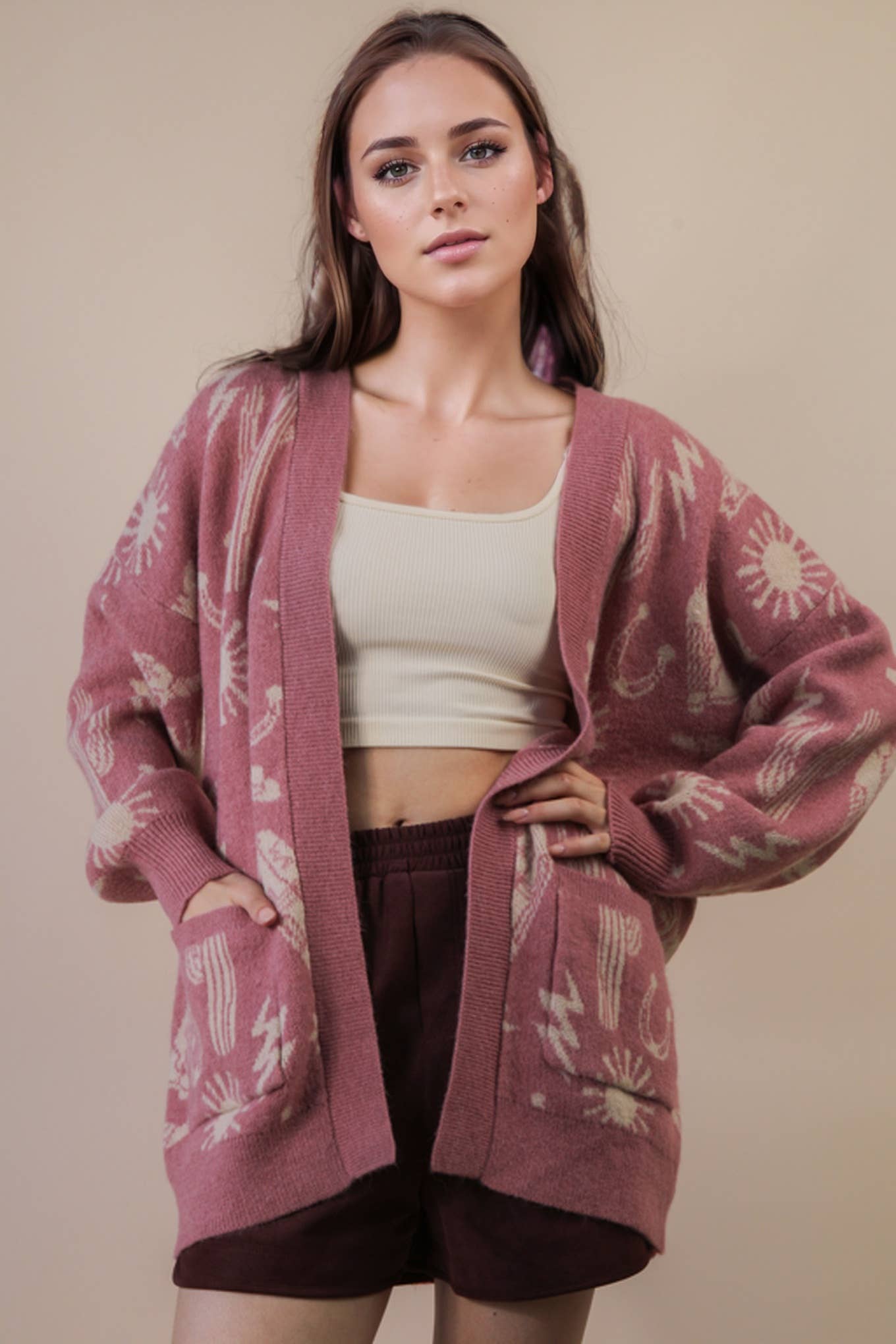 12W3393N-Oversized Western Graphic Knit Sweater Cardigan: CHOCOLATE / S-M-L/2-2-2