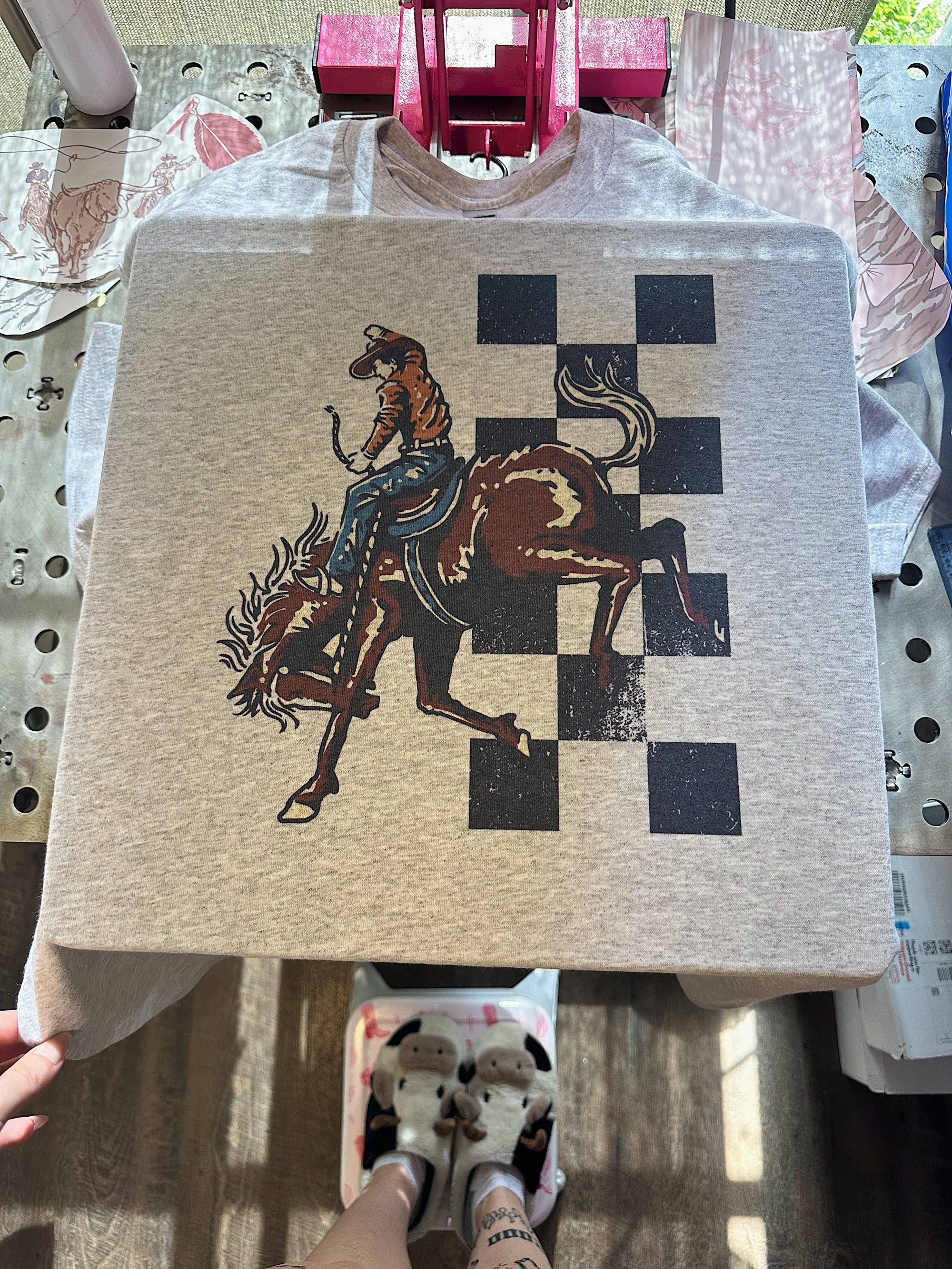 Checkered Cowboy Tee or Crewneck