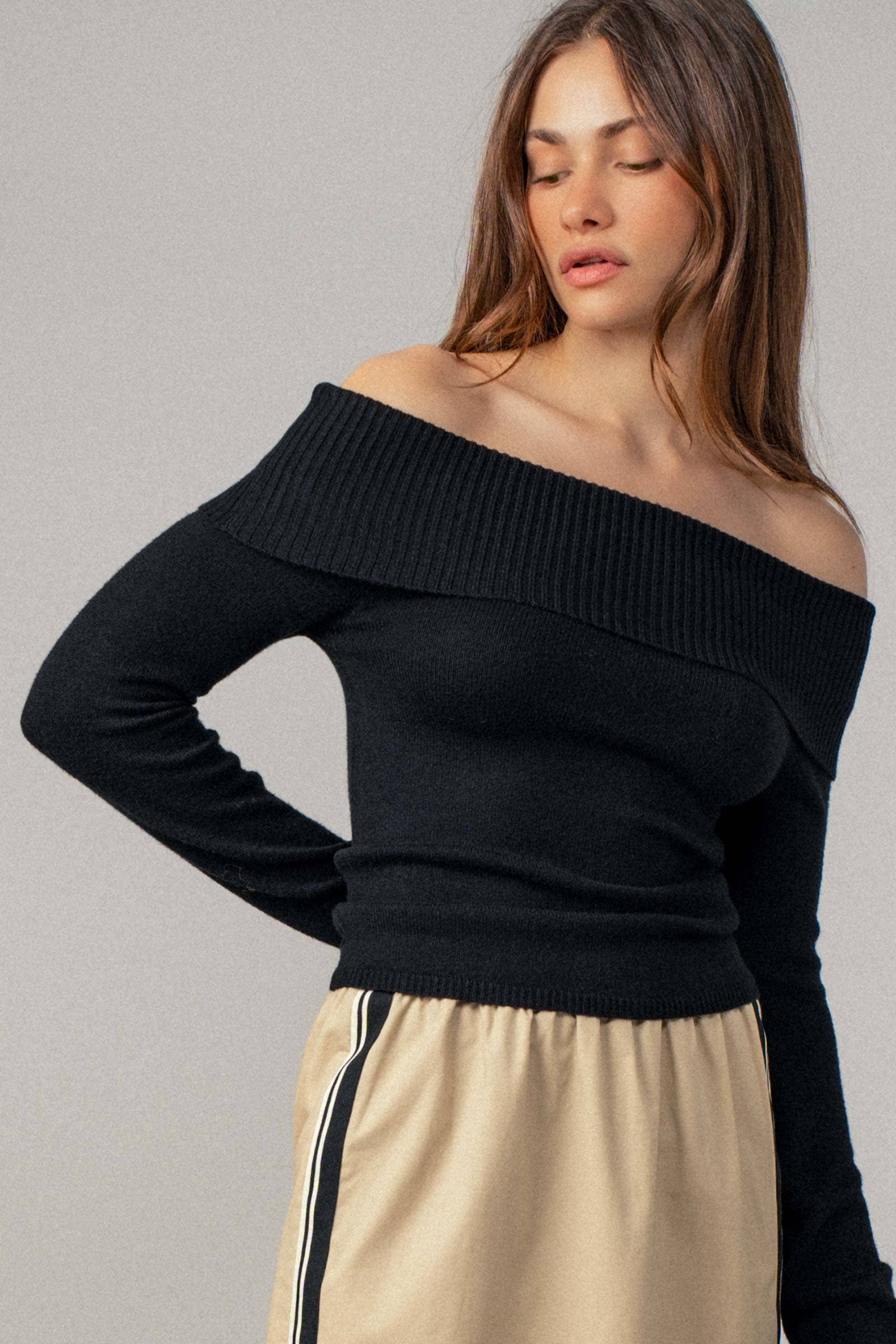 Ribbed Off-Shoulder Long Sleeve Sweater