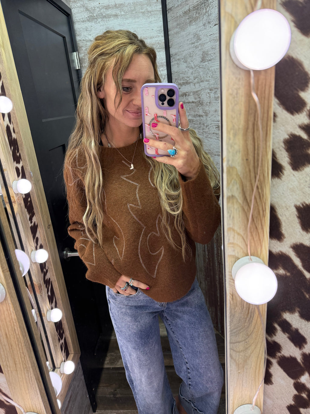 Western Boots Stitch Pattern Crew Neck Sweater