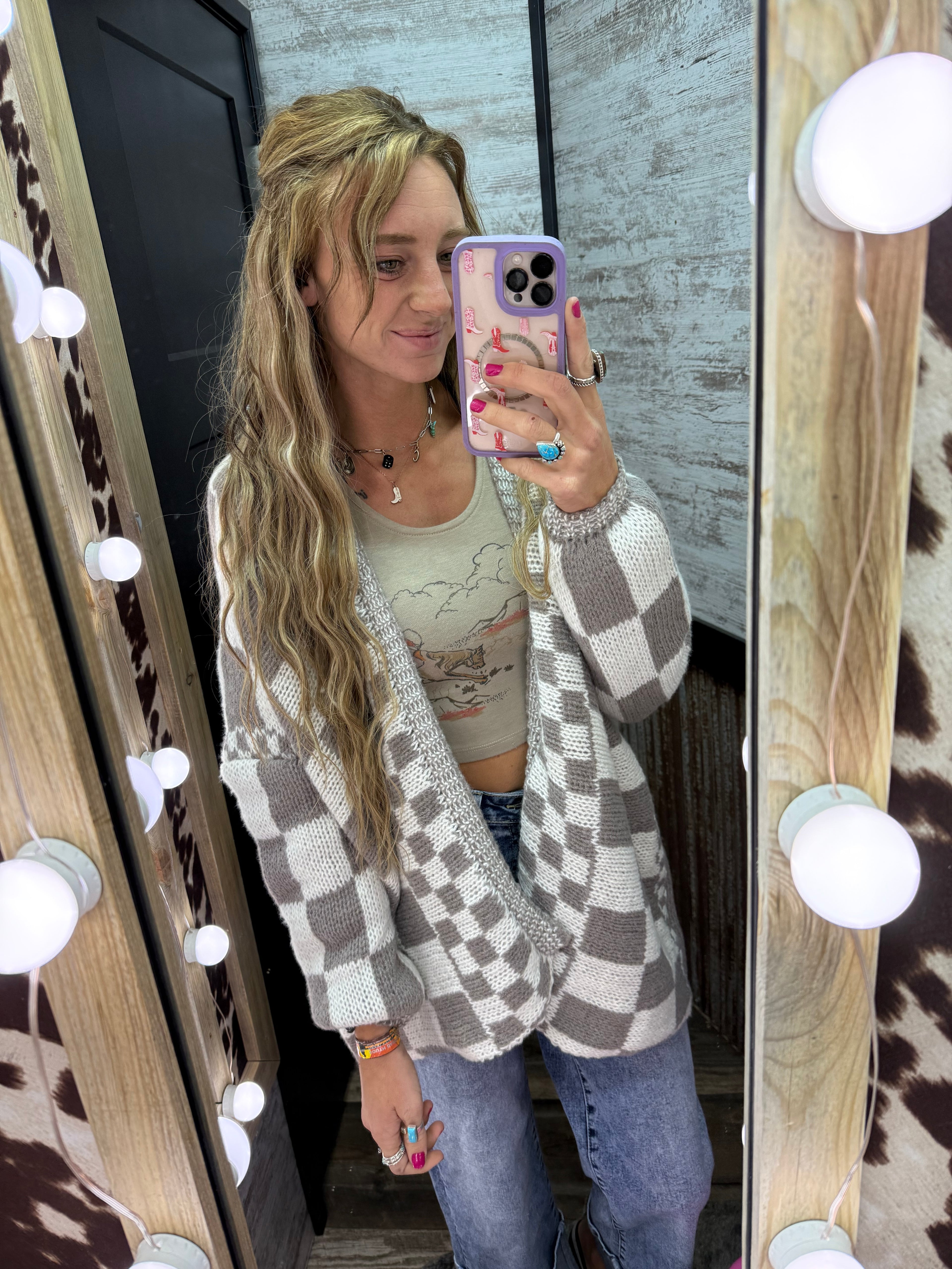 Rizz boxy checkerboard knit Cardigan