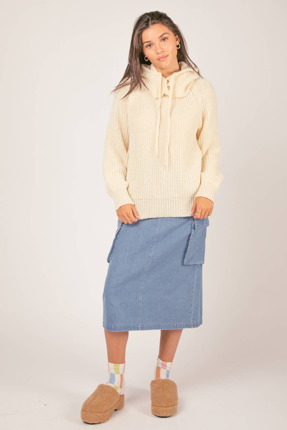 12W2946V-Oversized Balaclava Hoodie Soft Knit Sweater Top