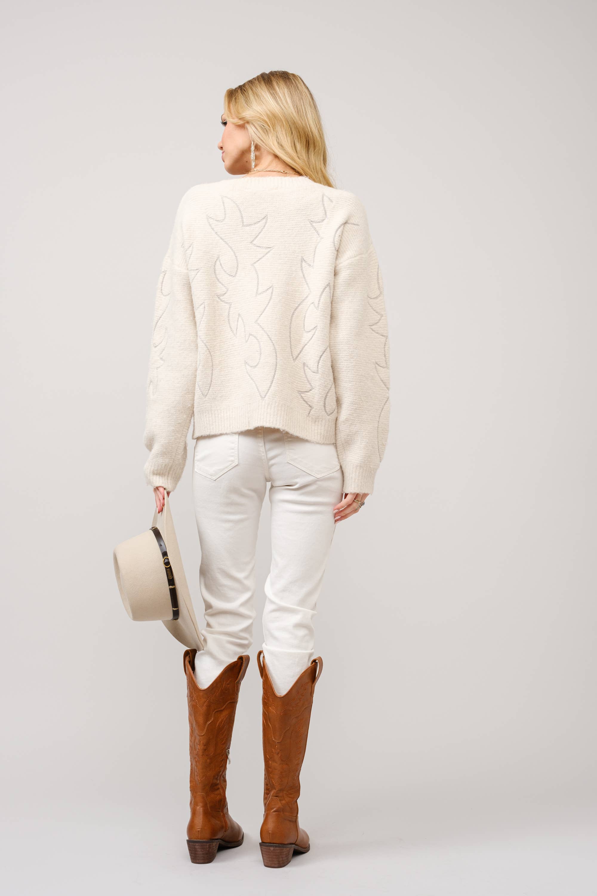 36332W - Western Boots Stitch Pattern Crew Neck Sweater