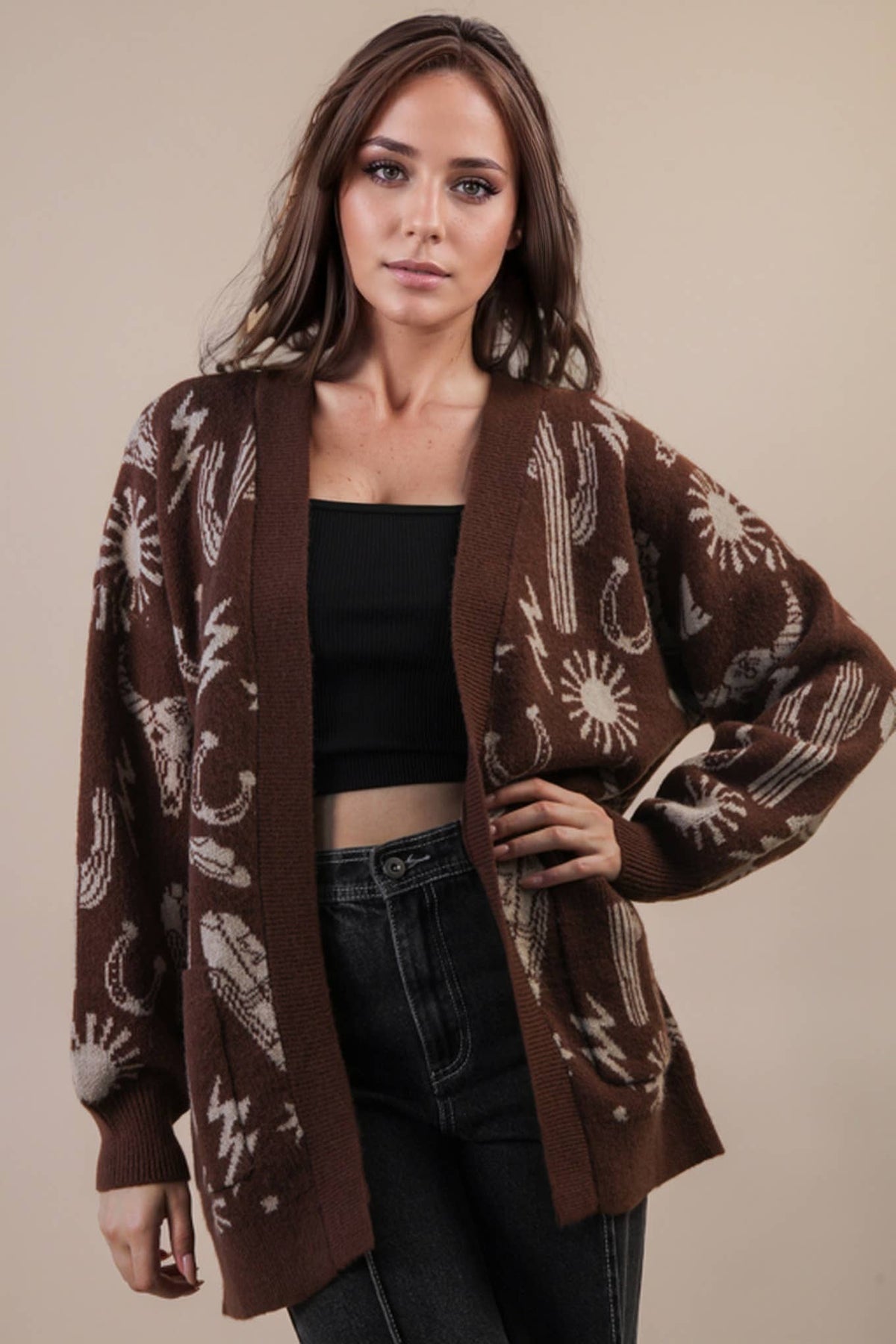 12W3393N-Oversized Western Graphic Knit Sweater Cardigan: CHOCOLATE / S-M-L/2-2-2