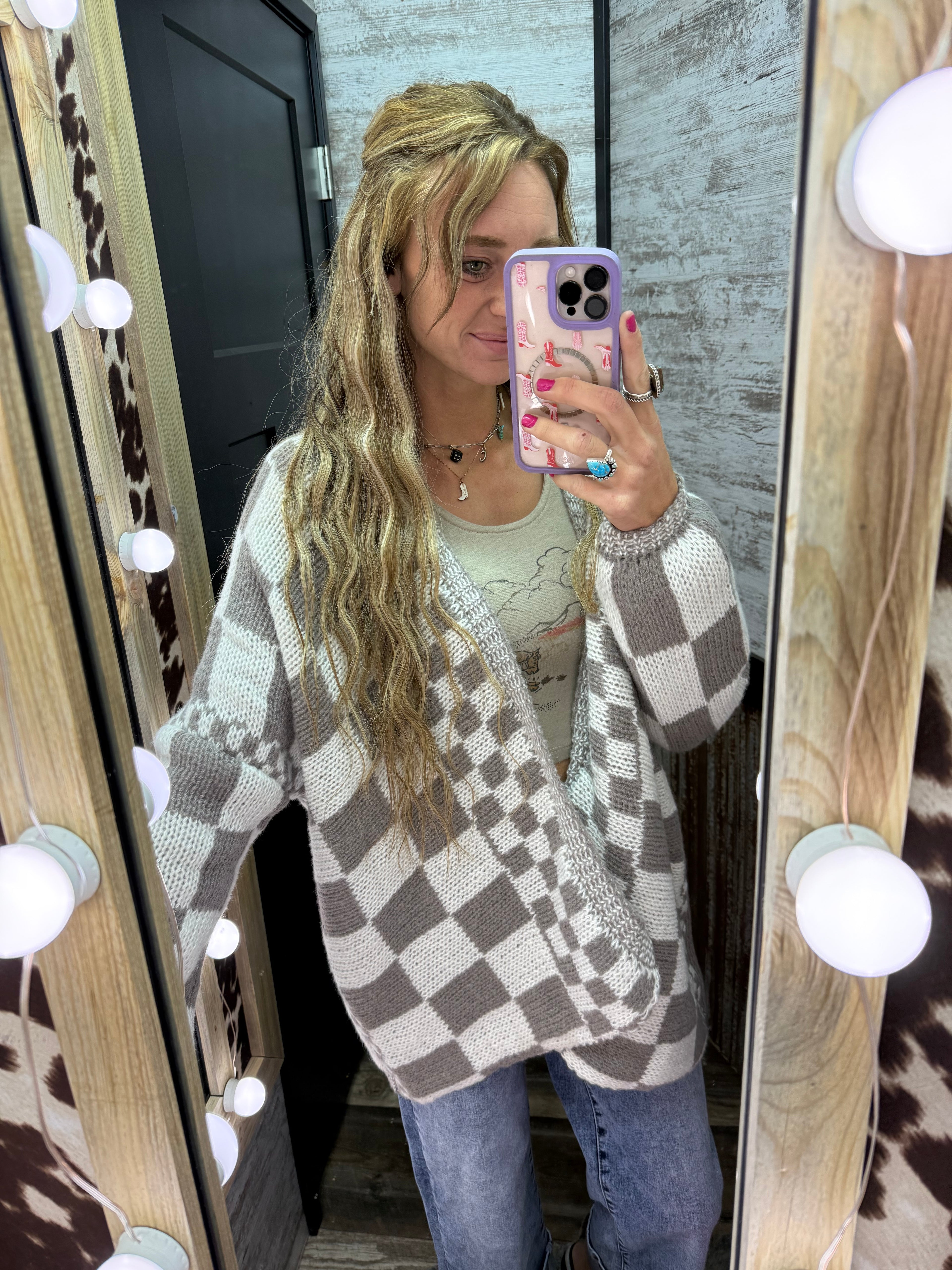 Rizz boxy checkerboard knit Cardigan