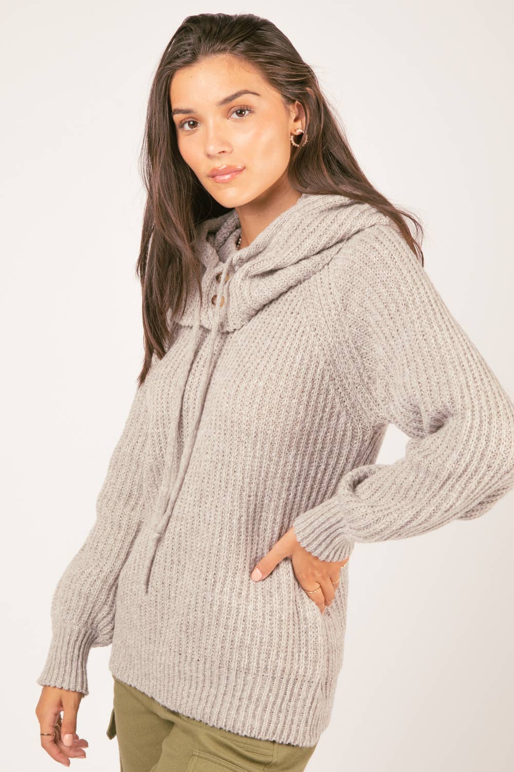 12W2946V-Oversized Balaclava Hoodie Soft Knit Sweater Top