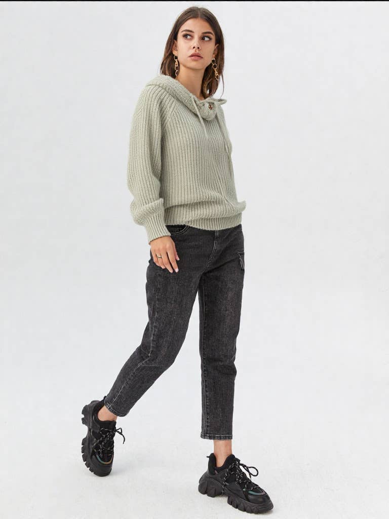 12W2946V-Oversized Balaclava Hoodie Soft Knit Sweater Top