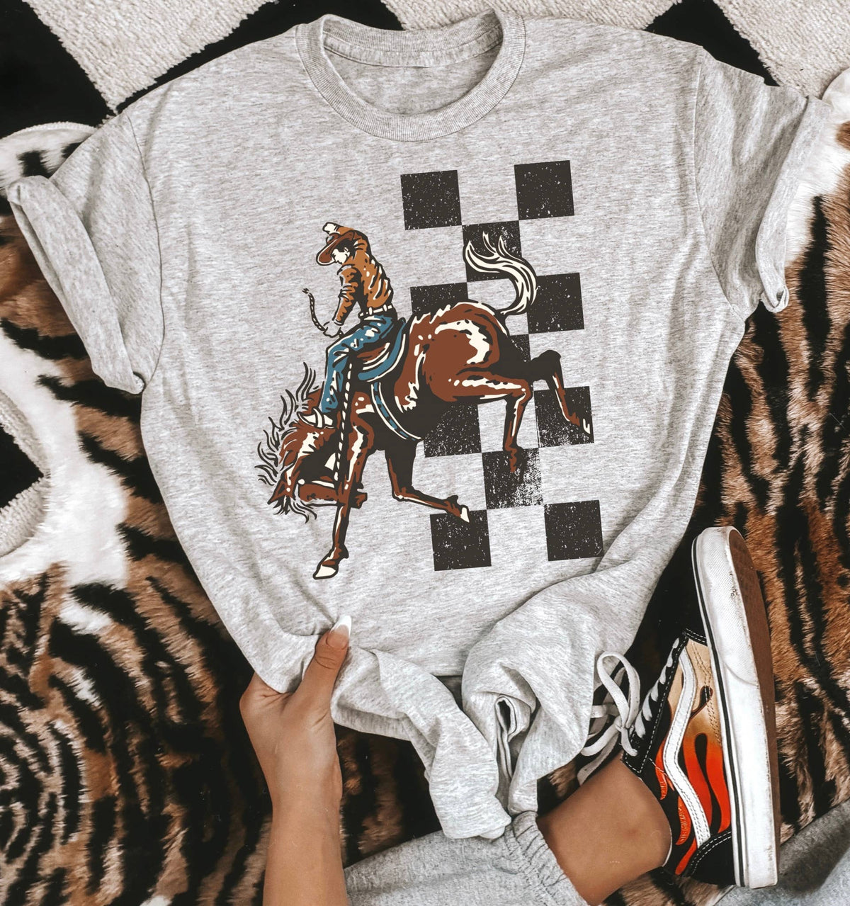 Checkered Cowboy Tee or Crewneck