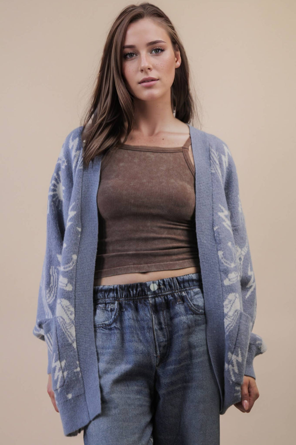 12W3393N-Oversized Western Graphic Knit Sweater Cardigan: CHOCOLATE / S-M-L/2-2-2