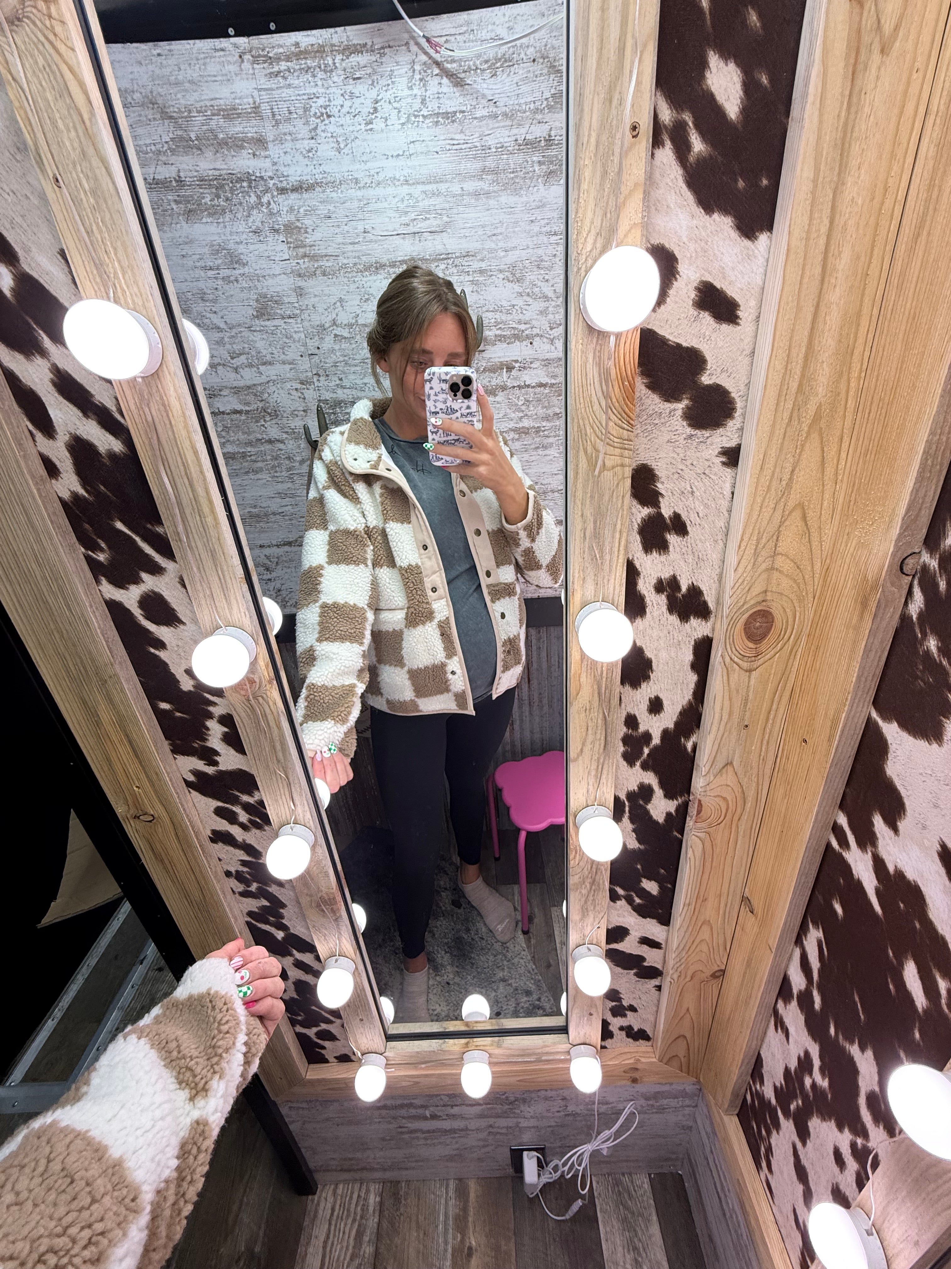 Brown Checked Snap Button Sherpa Jacket