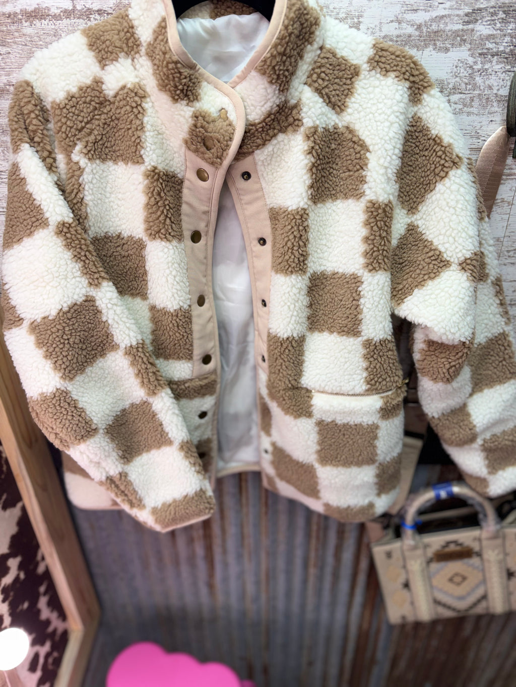 Brown Checked Snap Button Sherpa Jacket