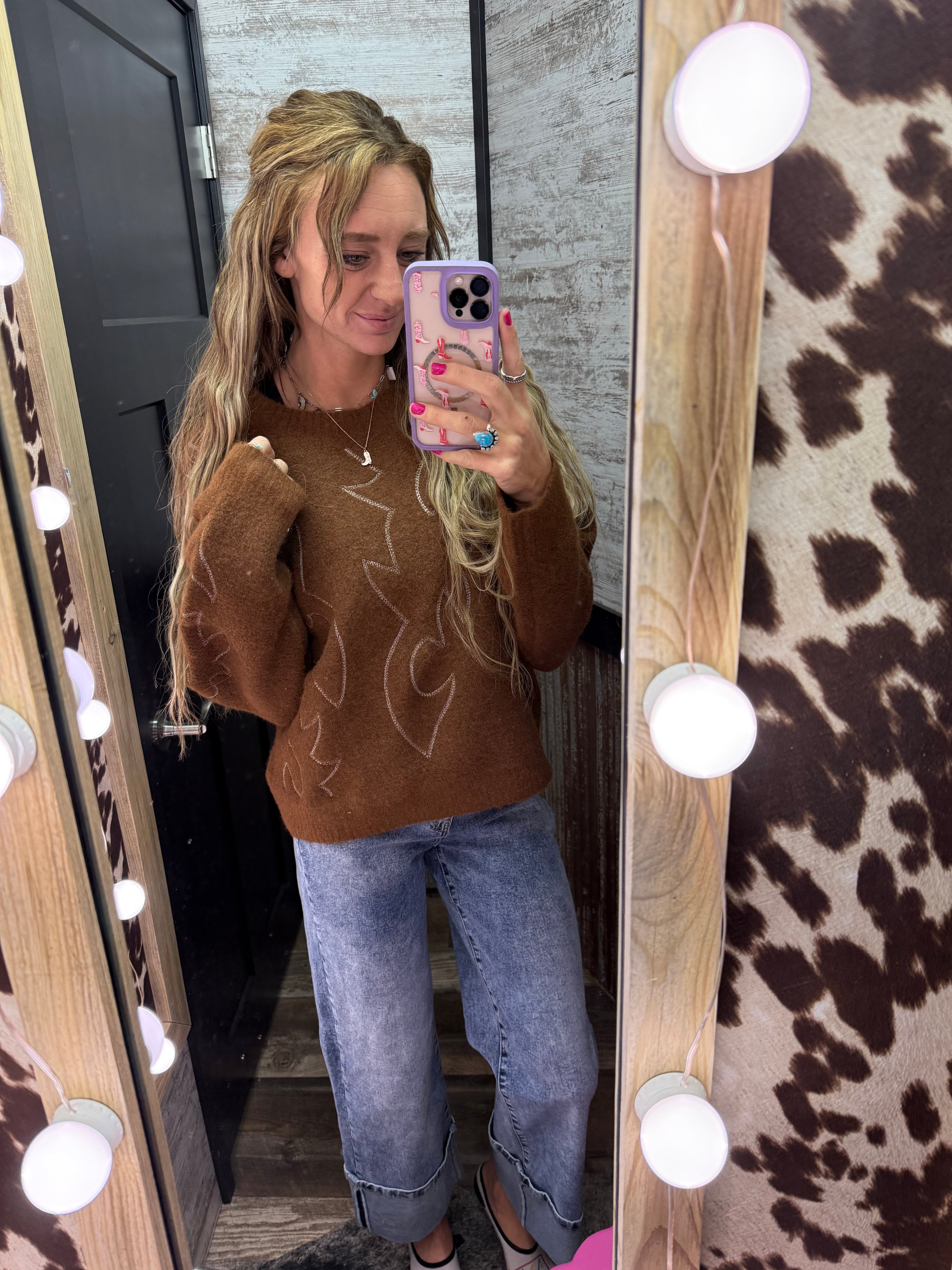 Western Boots Stitch Pattern Crew Neck Sweater