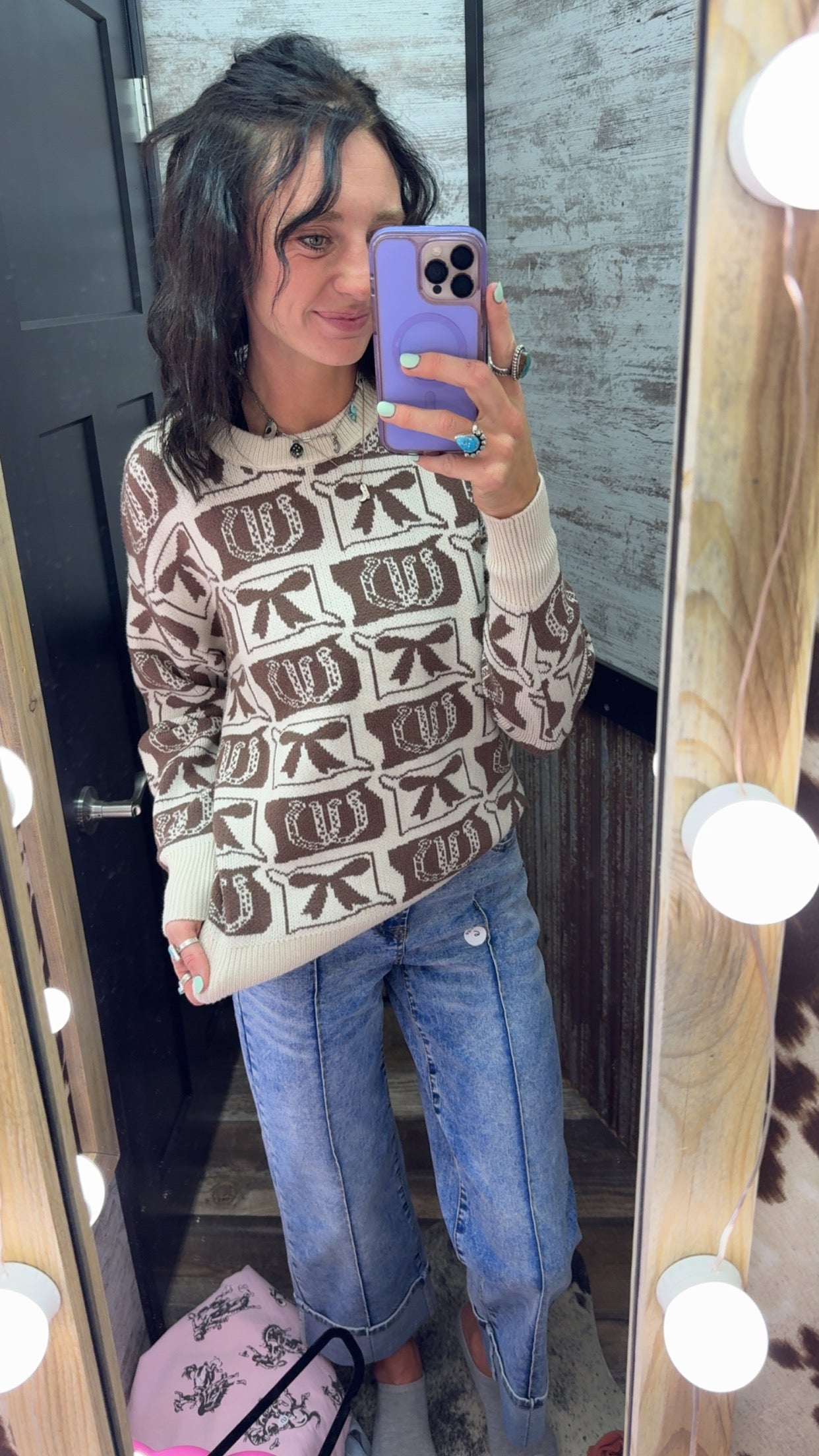 Brown Bows & Horseshoes Patterned Loose Sweater