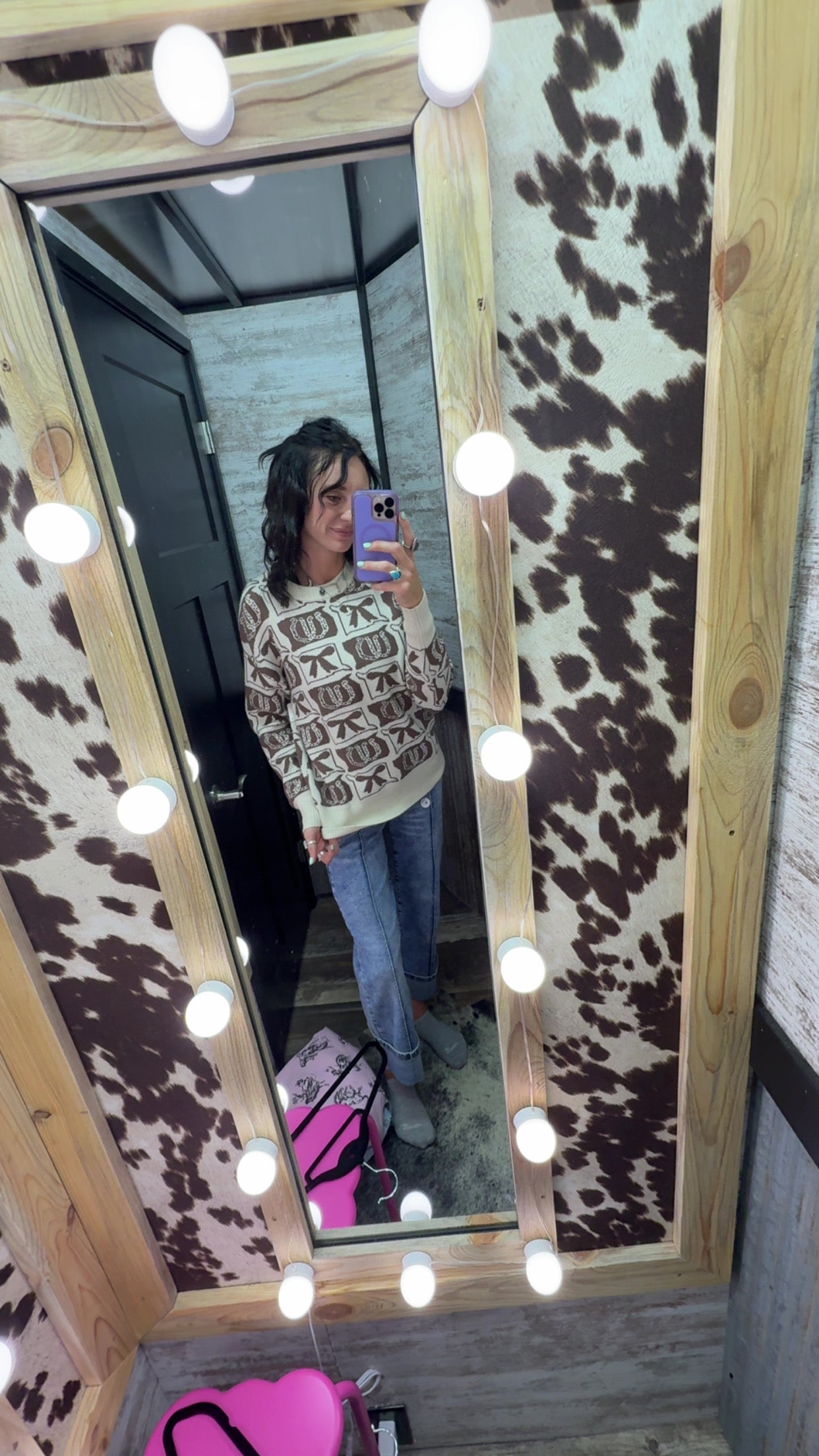 Brown Bows & Horseshoes Patterned Loose Sweater