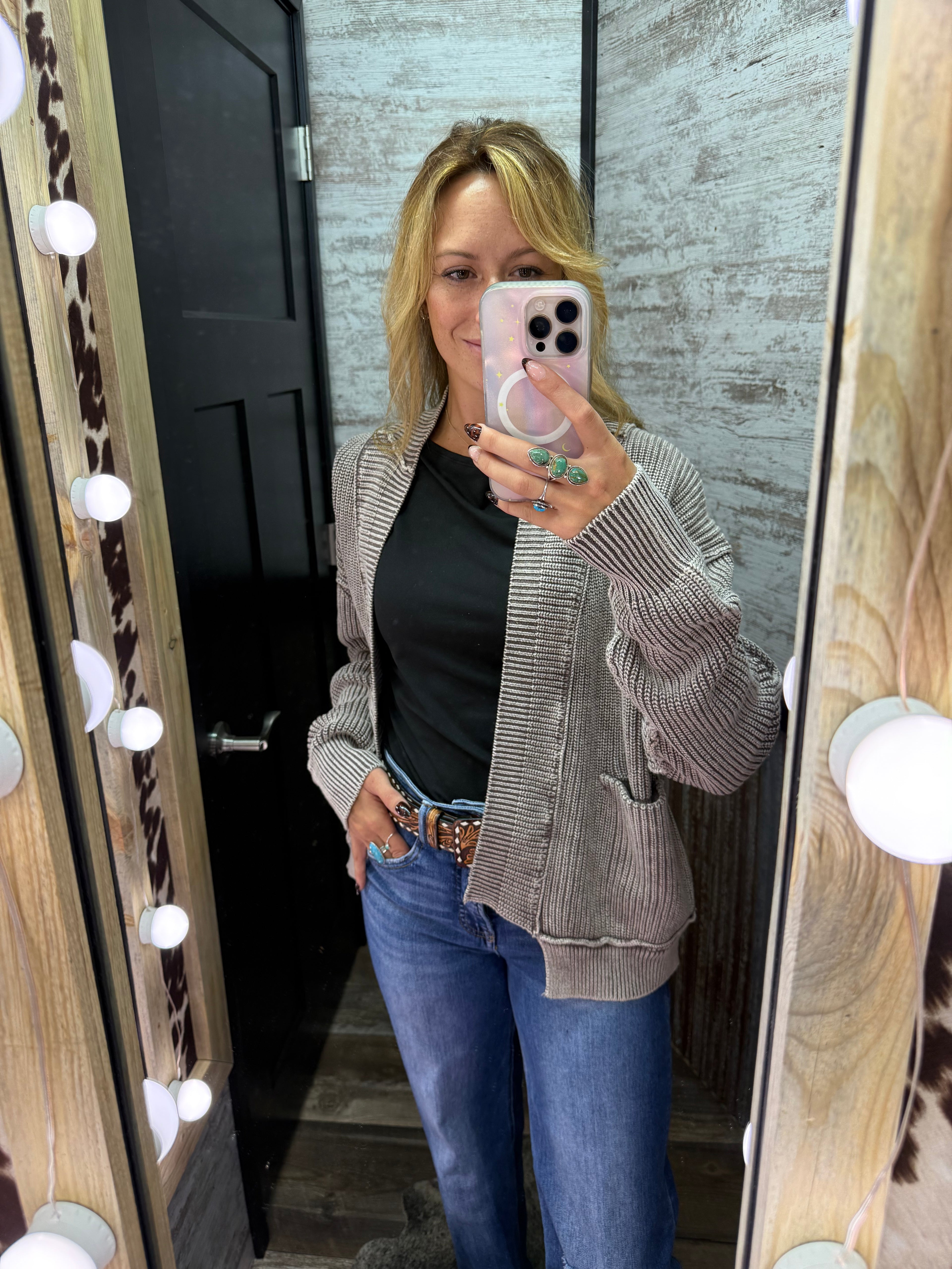 Washed dropped shoulder cardigan w side pockets