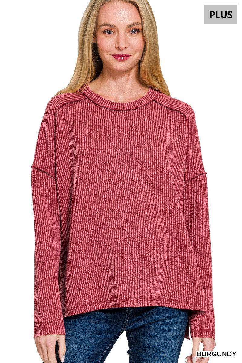 Rib Raw Edge Boat Neck Long Sleeve Sweater
