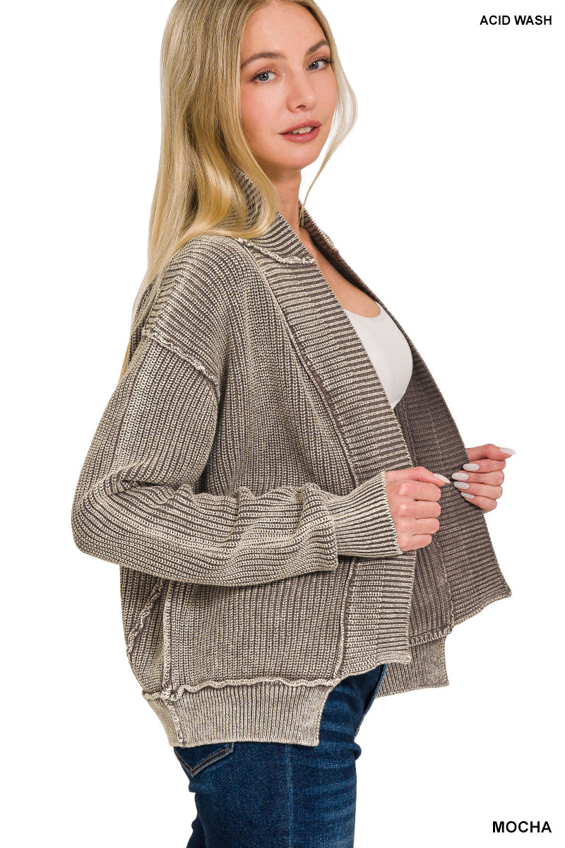 Washed dropped shoulder cardigan w side pockets