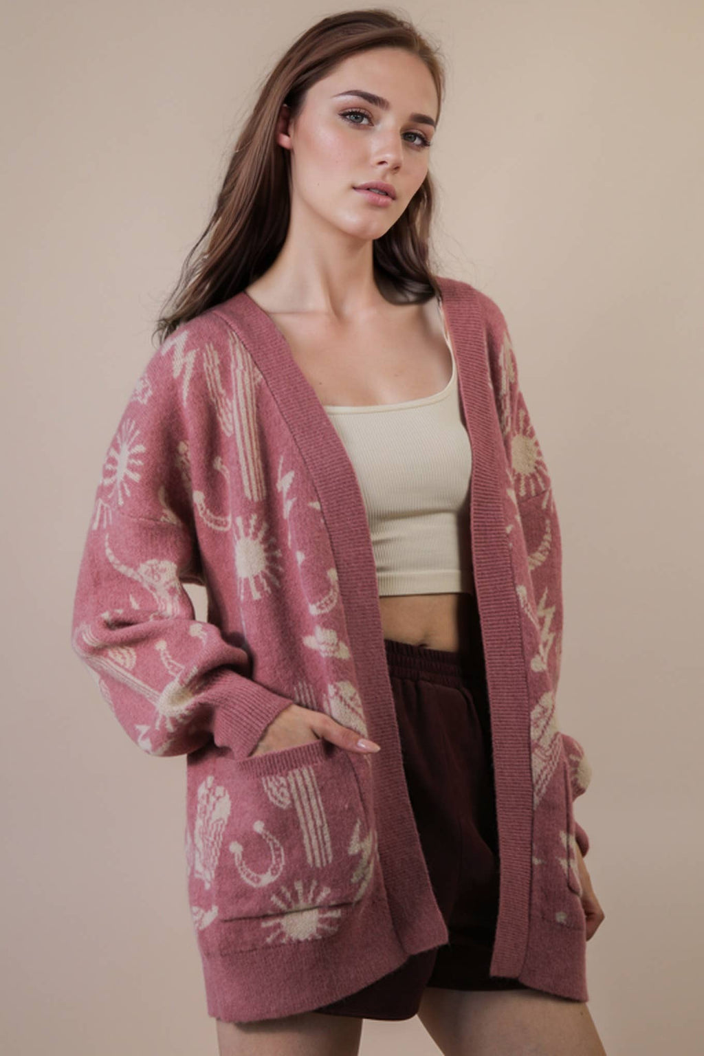 12W3393N-Oversized Western Graphic Knit Sweater Cardigan: CHOCOLATE / S-M-L/2-2-2