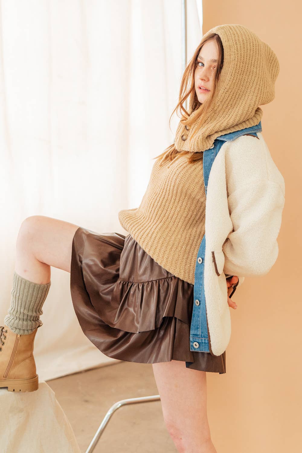 12W2946V-Oversized Balaclava Hoodie Soft Knit Sweater Top