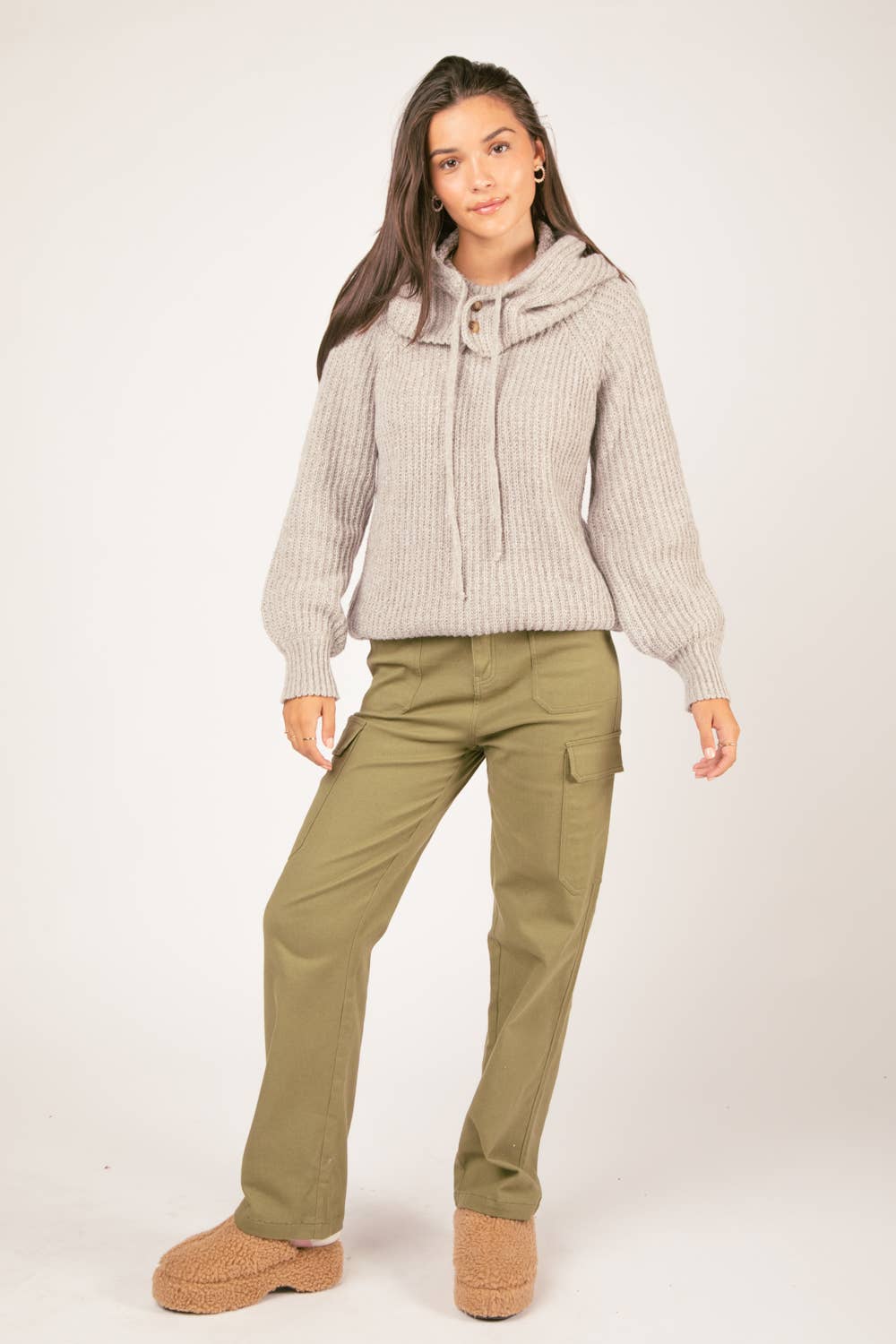 12W2946V-Oversized Balaclava Hoodie Soft Knit Sweater Top