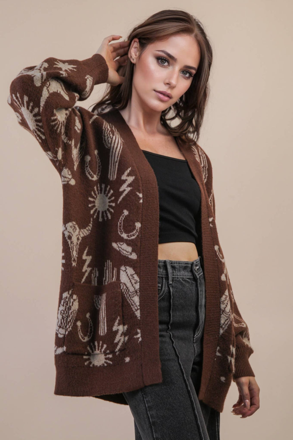 12W3393N-Oversized Western Graphic Knit Sweater Cardigan: CHOCOLATE / S-M-L/2-2-2