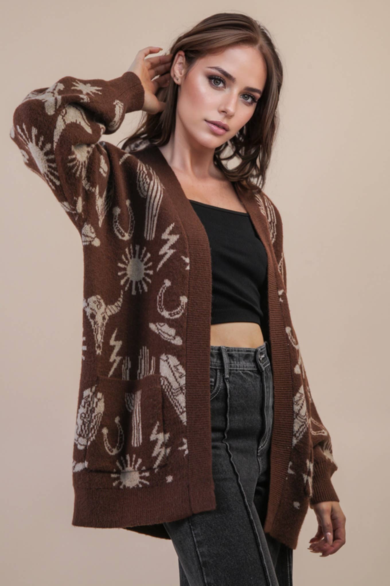 12W3393N-Oversized Western Graphic Knit Sweater Cardigan: CHOCOLATE / S-M-L/2-2-2