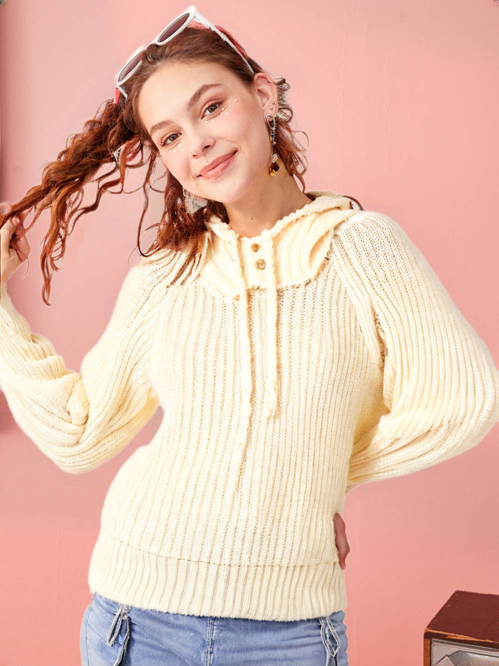 12W2946V-Oversized Balaclava Hoodie Soft Knit Sweater Top