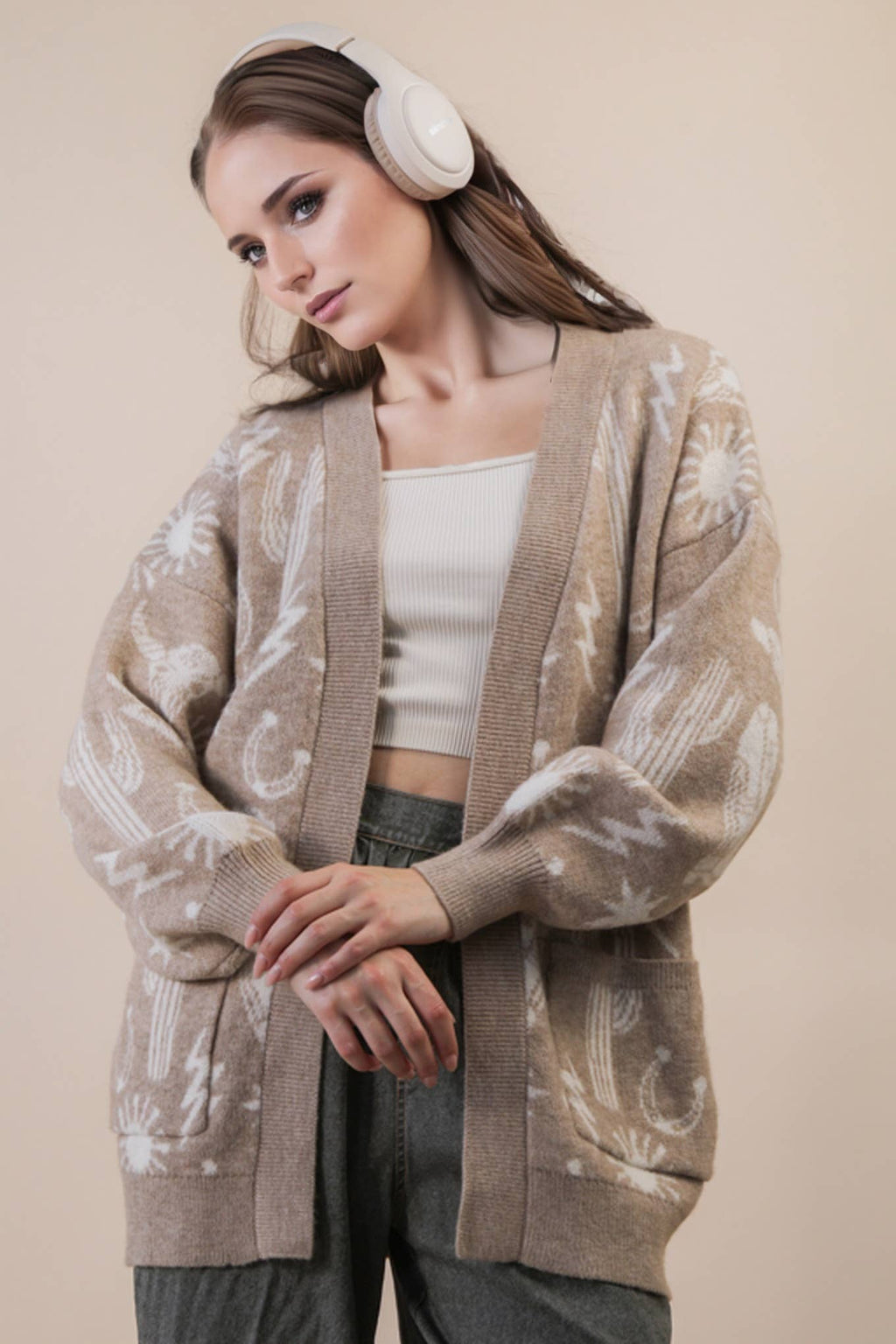 12W3393N-Oversized Western Graphic Knit Sweater Cardigan: CHOCOLATE / S-M-L/2-2-2