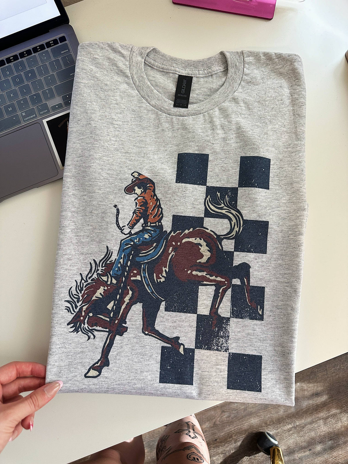 Checkered Cowboy Tee or Crewneck