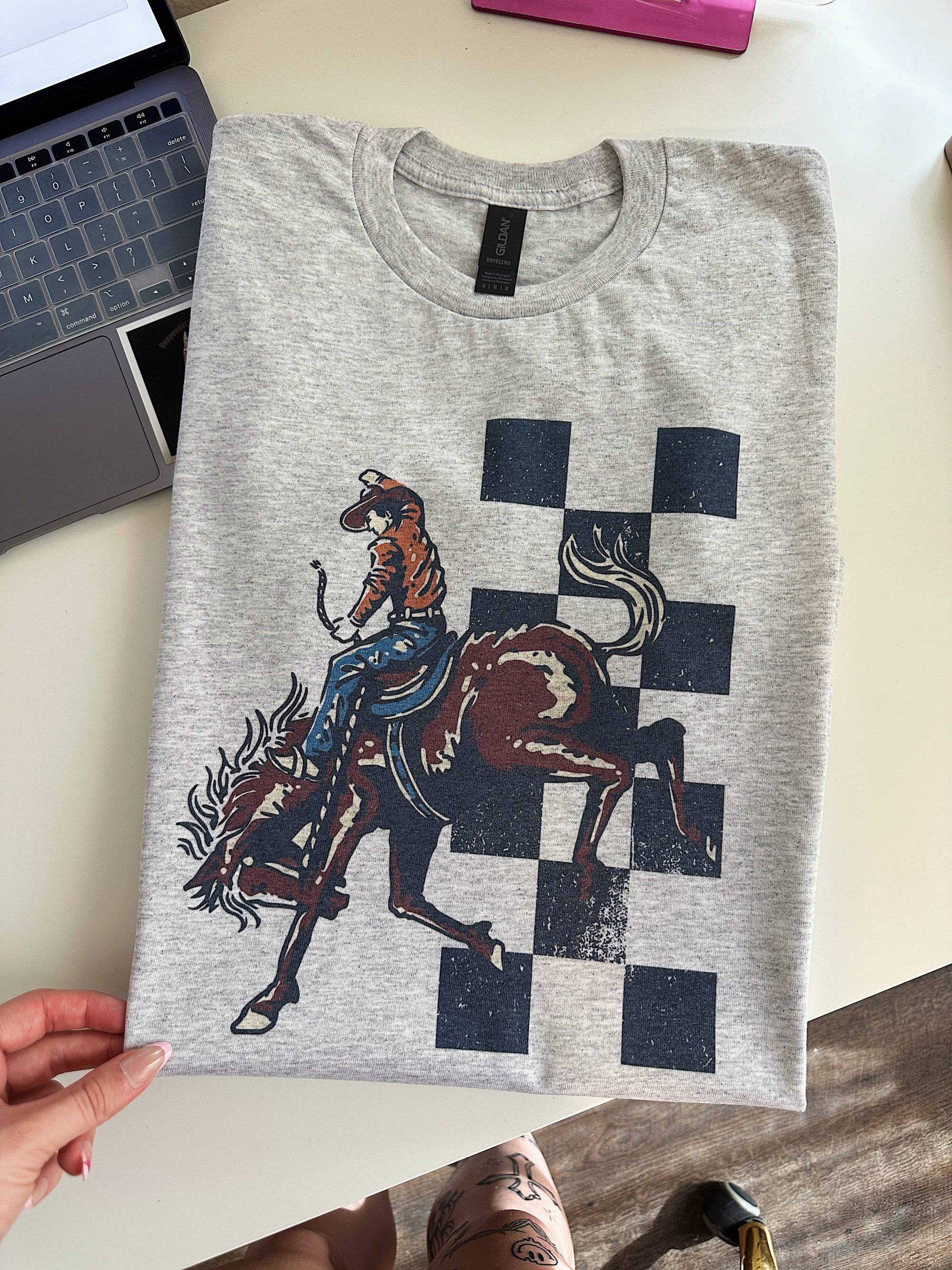 Checkered Cowboy Tee or Crewneck