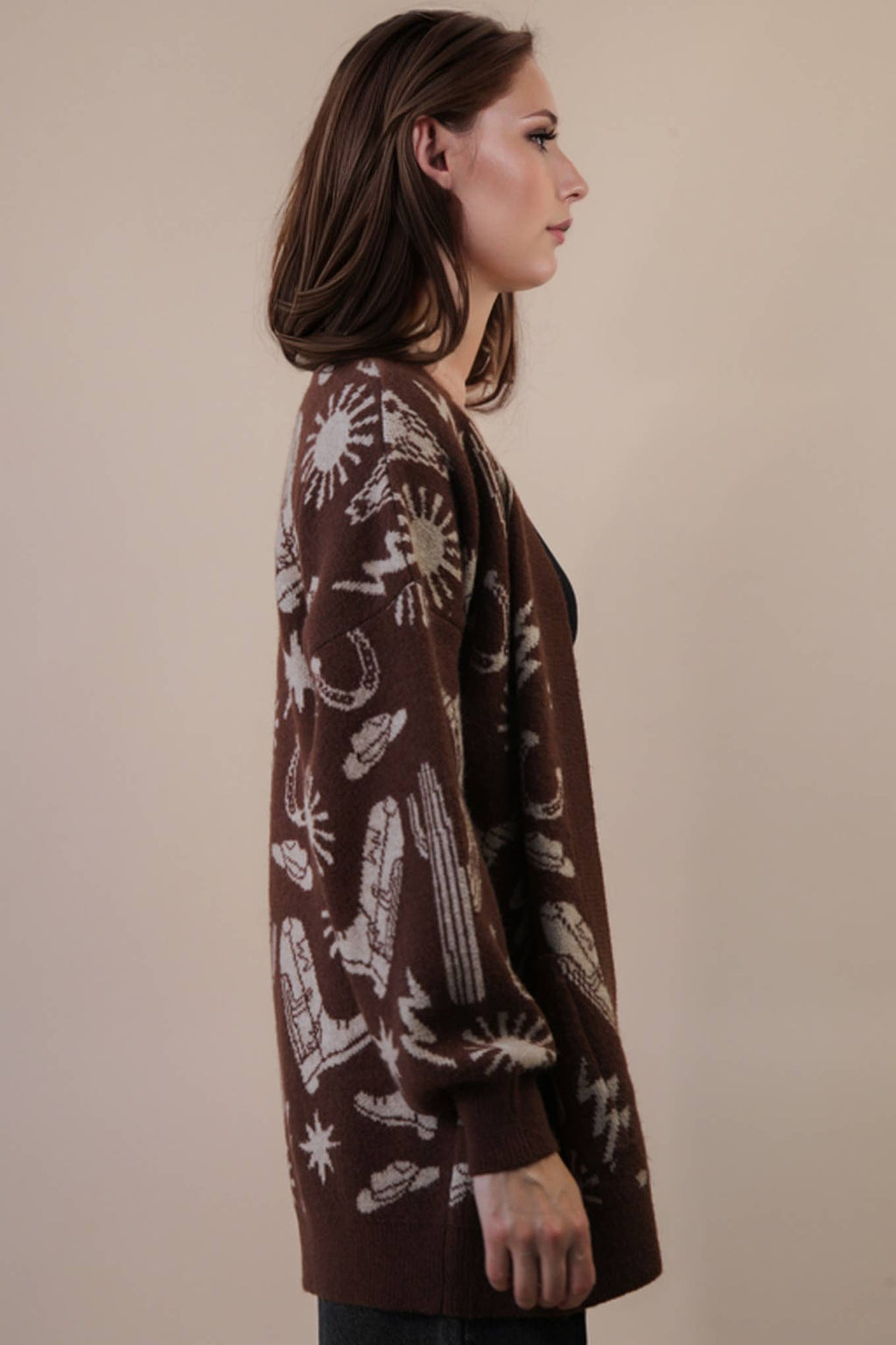 12W3393N-Oversized Western Graphic Knit Sweater Cardigan: CHOCOLATE / S-M-L/2-2-2